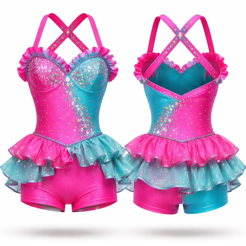 Create image of girls jazz dance costume in neon ultra pink and neon aquamarine with coloured AB rhinestones. Bathing suit style with sweetheart neckline with ruffle trim. Halter straps that cross over at back. Two layer ruffled skirt with glitter trim. Boyleg style at bottom of leotard. All Lycra
Create image of girls jazz dance costume in neon ultra pink and neon aquamarine with coloured AB rhinestones. Bathing suit style with sweetheart neckline with ruffle trim. Halter straps that cross over at back. Two layer ruffled skirt with glitter trim. Boyleg style at bottom of leotard. All Lycra , show front and back