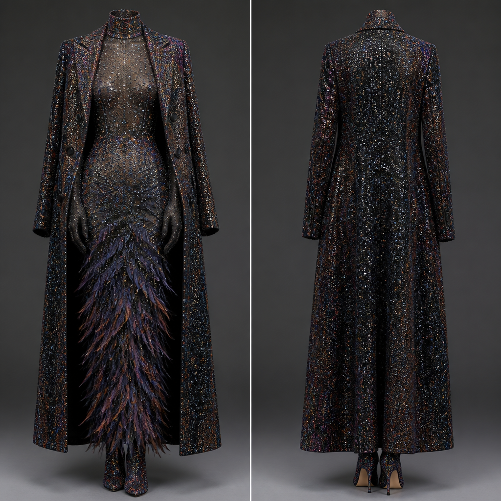 High collar long sleeve all the way to fit the fingers like a glove top of the gown sequins sheer to the hips then ostrich feathers down to the ankle sequins shoes matching , then a long sequins coat double breasted no collar matching the sequins top part of the dress . In a Black and color no models just the outfit
photorealistic fashion design, High collar long sleeve all the way to fit the fingers like a glove top of the gown sequins sheer to the hips then ostrich feathers down to the ankle sequins shoes matching , then a long sequins coat double breasted no collar matching the sequins top part of the dress . In a Black and color no models just the outfit, formal style, just the design no text, show front and back