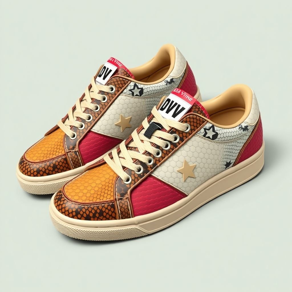 Snake print sneakers, with beige stitching low top. Add 2 mini stars somewhere on it. I don’t want it chunky at the bottom. Give it a 90’s YK2 look. Put DV on the tounge and Da’Vine on the tag
Design a pair of retro low-top sneakers inspired by the 90s Y2K aesthetic. Feature a sleek snake print in bold colors, accented with beige stitching for a vintage vibe. Incorporate two mini stars on the side, a subtle nod to 90s flair. Embellish the tongue with "DV" and the tag with "Da'Vine" for a personal touch. Ensure the sole maintains a streamlined silhouette, steering away from chunkiness.