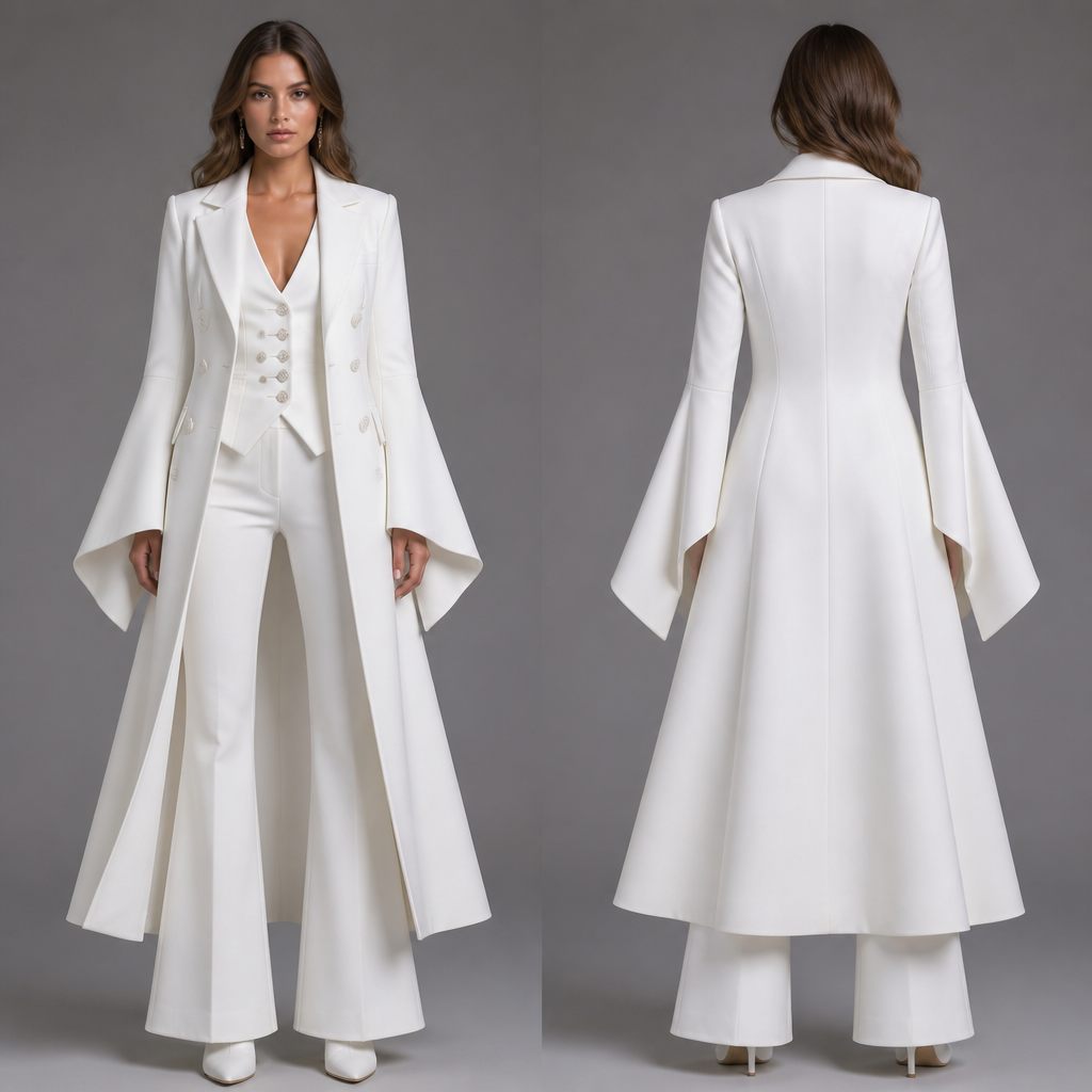 White three piece suit womens long coat flair sleeves , double breasted vest , pants flair legs white booties same fabric as the three piece suit .
photorealistic fashion design, White three piece suit womens long coat flair sleeves , double breasted vest , pants flair legs white booties same fabric as the three piece suit ., elegant style, just the design no text, show front and back