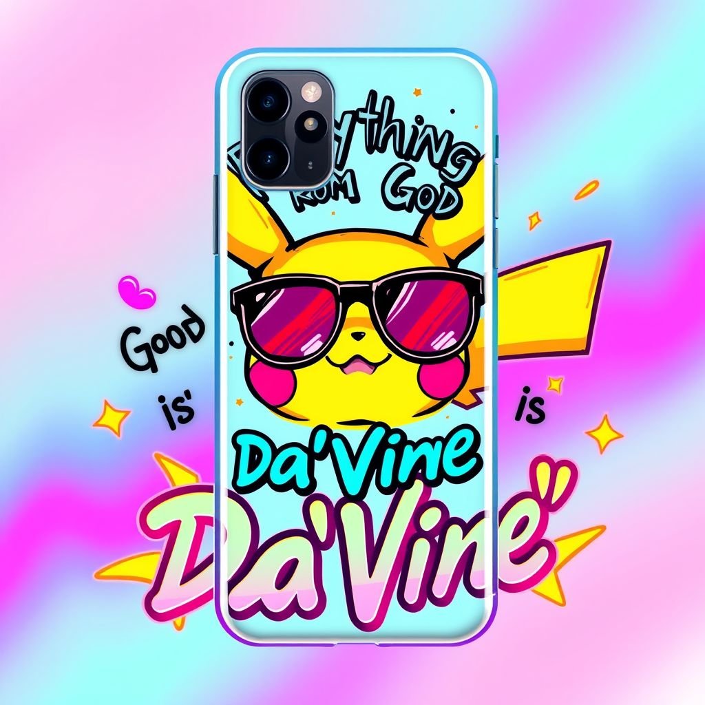 iPhone 13 Pro Max phone case with “DV ” on it. Put pikachu on it, that says “ everything from God is “Da’Vine”
Design a whimsical phone case inspired by streetwear, featuring a vibrant illustration of Pikachu sporting oversized sunglasses. The text “Everything from God is ‘Da’Vine’” swirls around in playful graffiti style. Incorporate neon colors and holographic accents, blending urban culture with an electric, fun vibe that celebrates individuality and divine inspiration.