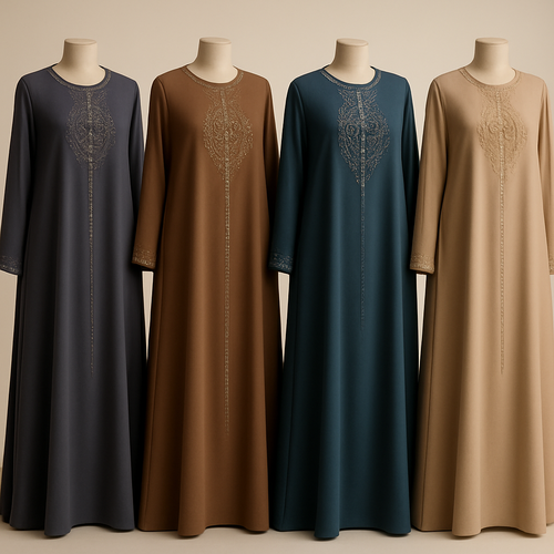 Create me modest boubou that's first in the world, using unique stone design, classy and sophisticated. Keep me 4 designs. Make them rich by adding minimal stone embroidery and stones designs.