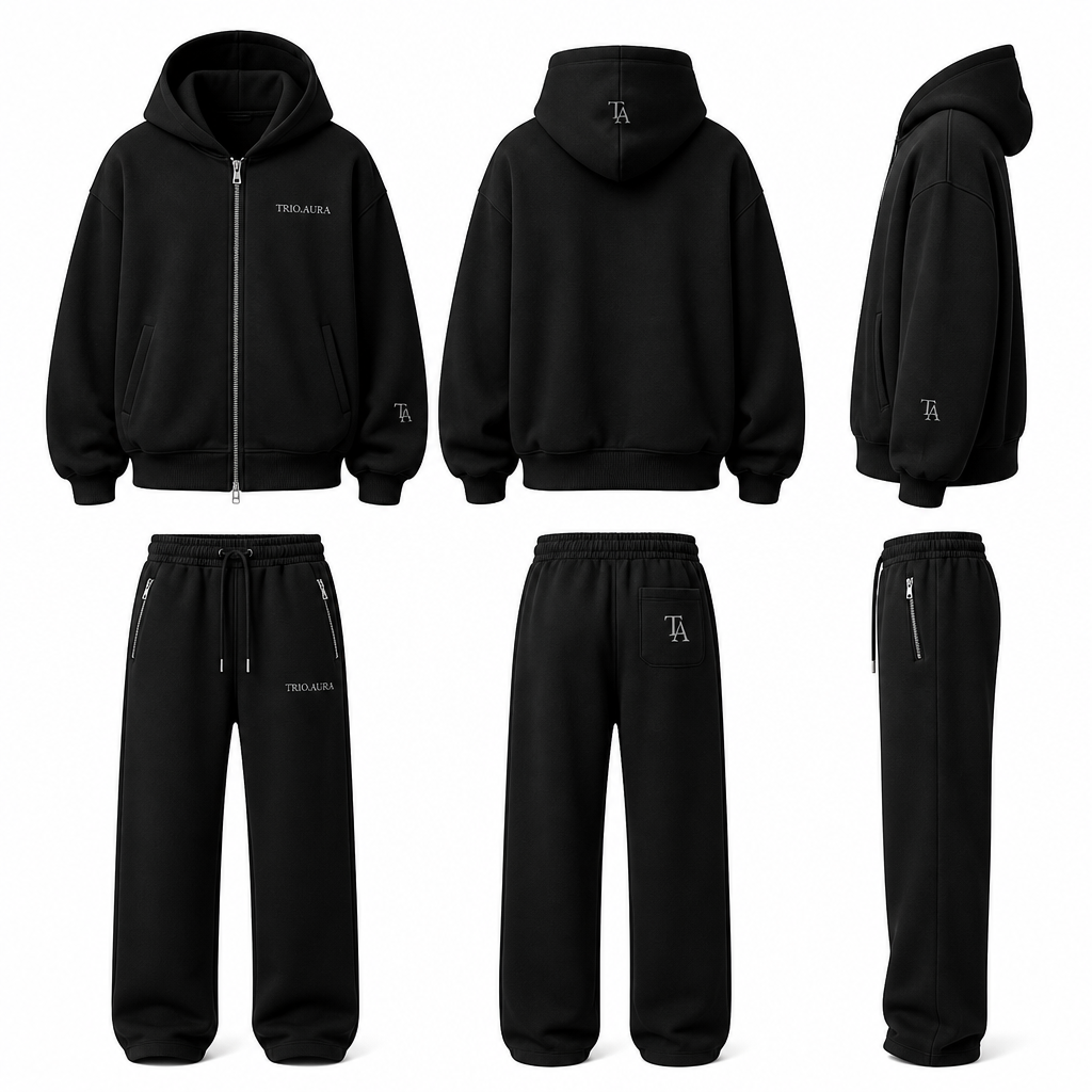 A Pants design, in Streetwear style. Design a luxury unisex streetwear tracksuit for the brand TRIO.AURA. Create an oversized zip-up hoodie with a relaxed fit, dropped shoulders, premium heavyweight cotton fleece, ribbed cuffs and waistband, and matching straight-leg joggers with a modern baggy silhouette. Feature a clean embroidered TRIO.AURA logo on the left chest and left thigh, with a subtle TA monogram on the sleeve and back pocket. Use high-quality metal zipper hardware, hidden zip pockets, and premium stitching throughout. The design should be minimal, sleek, and high-end, inspired by luxury streetwear rather than sportswear. Colorway: matte black with silver embroidery (or charcoal grey with white embroidery). Include front, back, and side views on a plain white background with realistic fabric texture, luxury branding, and a premium fashion presentation.. South Africa fashion aesthetics.
photorealistic fashion design, A Pants design, in Streetwear style. Design a luxury unisex streetwear tracksuit for the brand TRIO.AURA. Create an oversized zip-up hoodie with a relaxed fit, dropped shoulders, premium heavyweight cotton fleece, ribbed cuffs and waistband, and matching straight-leg joggers with a modern baggy silhouette. Feature a clean embroidered TRIO.AURA logo on the left chest and left thigh, with a subtle TA monogram on the sleeve and back pocket. Use high-quality metal zipper hardware, hidden zip pockets, and premium stitching throughout. The design should be minimal, sleek, and high-end, inspired by luxury streetwear rather than sportswear. Colorway: matte black with silver embroidery (or charcoal grey with white embroidery). Include front, back, and side views on a plain white background with realistic fabric texture, luxury branding, and a premium fashion presentation.. South Africa fashion aesthetics., streetwear style, just the design no text
