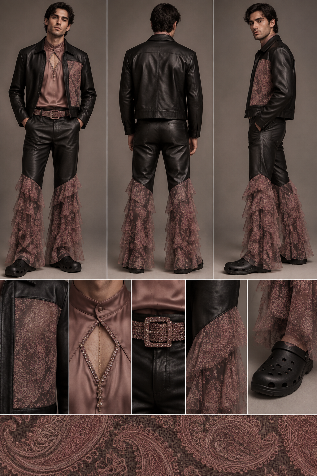 Men's Fashion Design Prompt — Black Leather & Dark Dusty Pink Termeh Style
A complete men's outfit with a luxurious, modern aesthetic, combining black leather and dark dusty pink Termeh fabric.
Jacket: Black leather jacket, slightly longer than a cropped fit, ending just above the belt. On one side, a large rectangular cutout panel, filled with pink tulle/lace fabric (dusty or dark pink, not light) — the fabric is thin, sheer, and features a Termeh pattern in a matching tone.
Shirt underneath: Silk shirt in dusty/dark pink. The bottom is gathered and tucked in, with slight ruching. Diplomatic-style collar with a single front button. On the chest, a triangular cutout with curved inward-facing sides, bordered with rhinestone/bead embroidery. Beneath it, a very delicate chain accessory running from the center of the chest down, in gold and white.
Pants: Black leather pants down to the knee. Where the leather ends, the transition line to the tulle is not straight — it is slanted/angled with an inward downward slope toward the leg. From this point, the tulle continues to the ankle as a long, gathered, layered, ruffled flare made of Termeh-patterned tulle — the exact same fabric used in the jacket. Below the tulle section, there is no leather at all — the tulle extends all the way down without any leather underneath or beneath it.
Shoes: Crocs-style slip-on shoes in black leather.
Belt: Rhinestone-embellished belt in dusty/dark pink.
Color note: All pink elements must use dusty or dark pink tones only — no light pink.
Men's Fashion Design Prompt — Black Leather & Dark Dusty Pink Termeh Style
A complete men's outfit with a luxurious, modern aesthetic, combining black leather and dark dusty pink Termeh fabric.
Jacket: Black leather jacket, slightly longer than a cropped fit, ending just above the belt. On one side, a large rectangular cutout panel, filled with pink tulle/lace fabric (dusty or dark pink, not light) — the fabric is thin, sheer, and features a Termeh pattern in a matching tone.
Shirt underneath: Silk shirt in dusty/dark pink. The bottom is gathered and tucked in, with slight ruching. Diplomatic-style collar with a single front button. On the chest, a triangular cutout with curved inward-facing sides, bordered with rhinestone/bead embroidery. Beneath it, a very delicate chain accessory running from the center of the chest down, in gold and white.
Pants: Black leather pants down to the knee. Where the leather ends, the transition line to the tulle is not straight — it is slanted/angled with an inward downward slope toward the leg. From this point, the tulle continues to the ankle as a long, gathered, layered, ruffled flare made of Termeh-patterned tulle — the exact same fabric used in the jacket. Below the tulle section, there is no leather at all — the tulle extends all the way down without any leather underneath or beneath it.
Shoes: Crocs-style slip-on shoes in black leather.
Belt: Rhinestone-embellished belt in dusty/dark pink.
Color note: All pink elements must use dusty or dark pink tones only — no light pink.