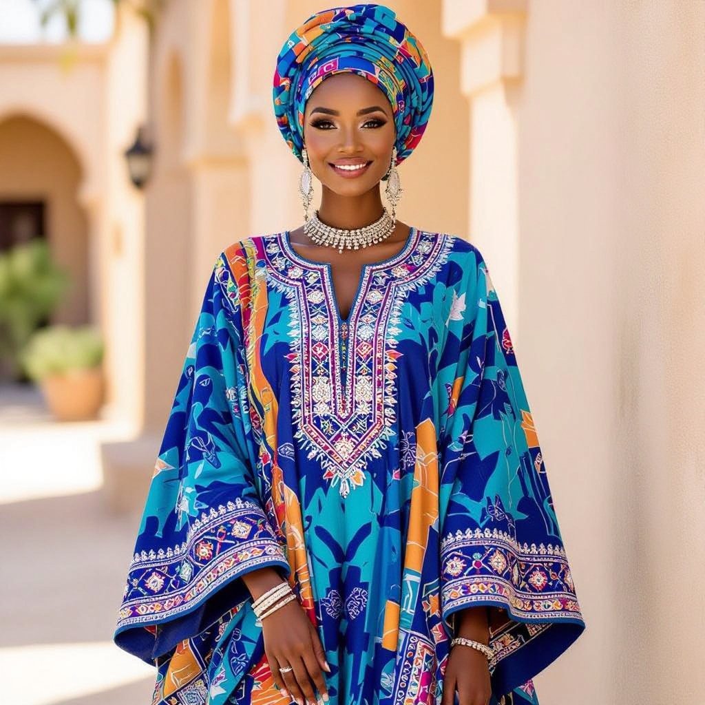 A Fulani traditional dress
Traditional fashion: A flowing, vibrant Fulani traditional dress, with
intricate embroidery at the neckline and cuffs,
paired with a headwrap and delicate silver
jewelry.