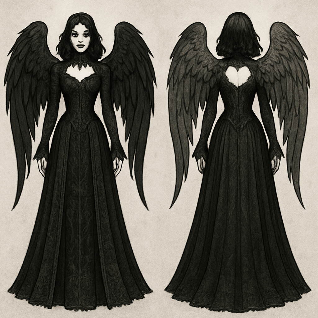 Make the right wing a little lighter and at the root of where the wings come out can you drop it/ curve it more so it’s more of a heart shape at the top 

Make the right wing a little lighter and at the root of where the wings come out can you drop it/ curve it more so it’s more of a heart shape at the top , gothic style, show front and back