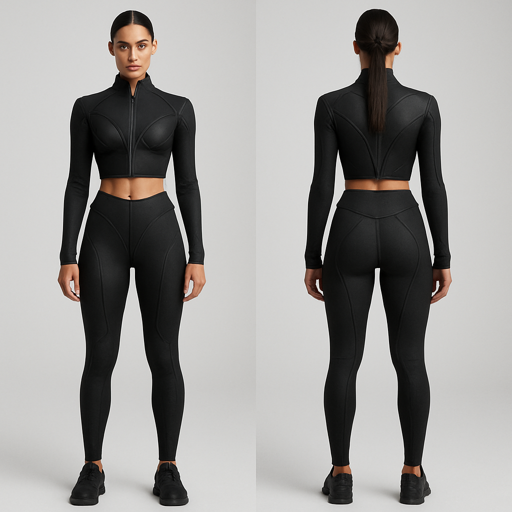 A strong influence of theirry mugler but gym wear .
A strong influence of theirry mugler but gym wear . , athleisure style, show front and back