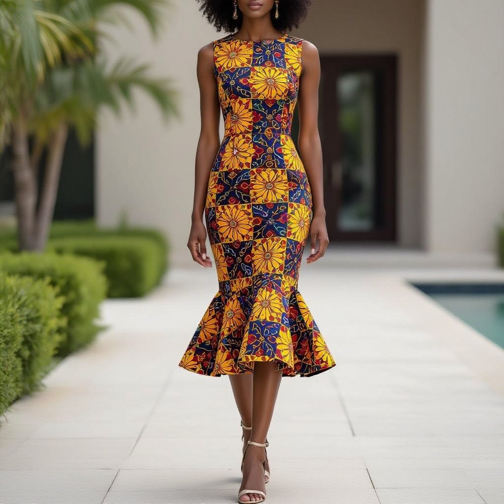 A pencil dress with a slanted flare starting from little below the hipon the base to below the knee
African fashion: A cotton pencil dress with a slanted flare from below the hip to below the knee, featuring a vibrant Kitenge print.