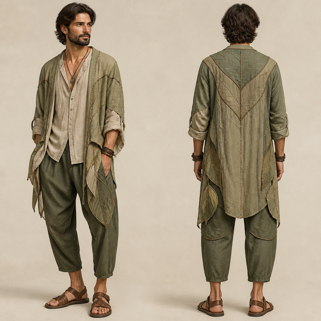 Solarpunk, earthy everyday clothing male
photorealistic fashion design, Solarpunk, earthy everyday clothing male, bohemian style, just the design no text, show front and back