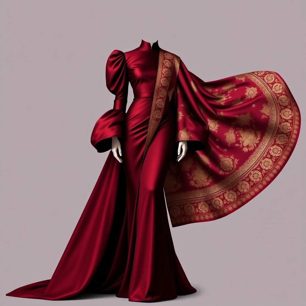 Je veux une robe longue, moulante, avec un col montant fermé et aucun décolleté. Les manches doivent être longues et bouffantes. Par-dessus la robe, je veux ajouter un grand tissu fluide en brocart indien, de couleur rouge bordeaux avec des détails dorés. Ce tissu doit partir d’une épaule ou de la taille et se rabattre en travers du corps, à la manière d’un sari.
Imagine a striking long gown that gracefully hugs the silhouette, featuring a high-neck collar without any cleavage. The long, voluminous sleeves add drama, while a luxurious, flowing brocade overlay in deep burgundy with intricate gold detailing cascades from one shoulder, elegantly draping across the body like a modern sari, embodying both tradition and contemporary elegance.