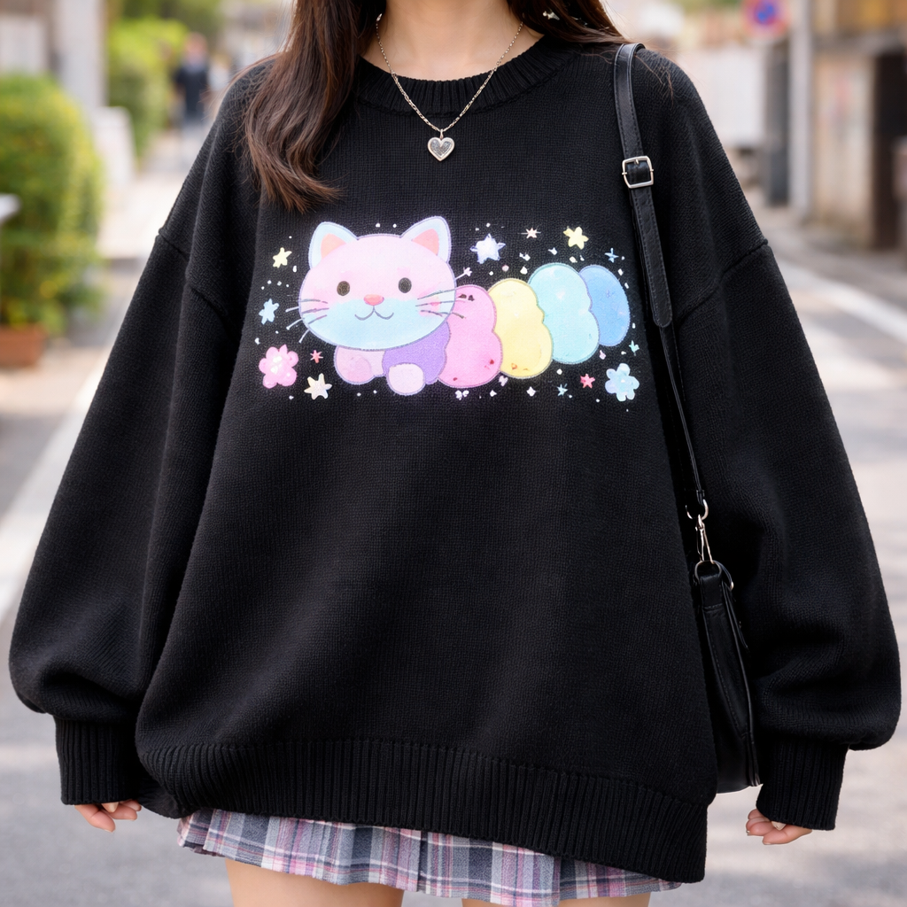 a black chunky sweater with a big, cute, pastel
neon cat caterpillar hybrid
Japanese Street fashion design: Black oversized knit sweater, drop shoulders. Cute pastel neon cat-caterpillar graphic across the chest. Cotton knit. Relaxed fit.