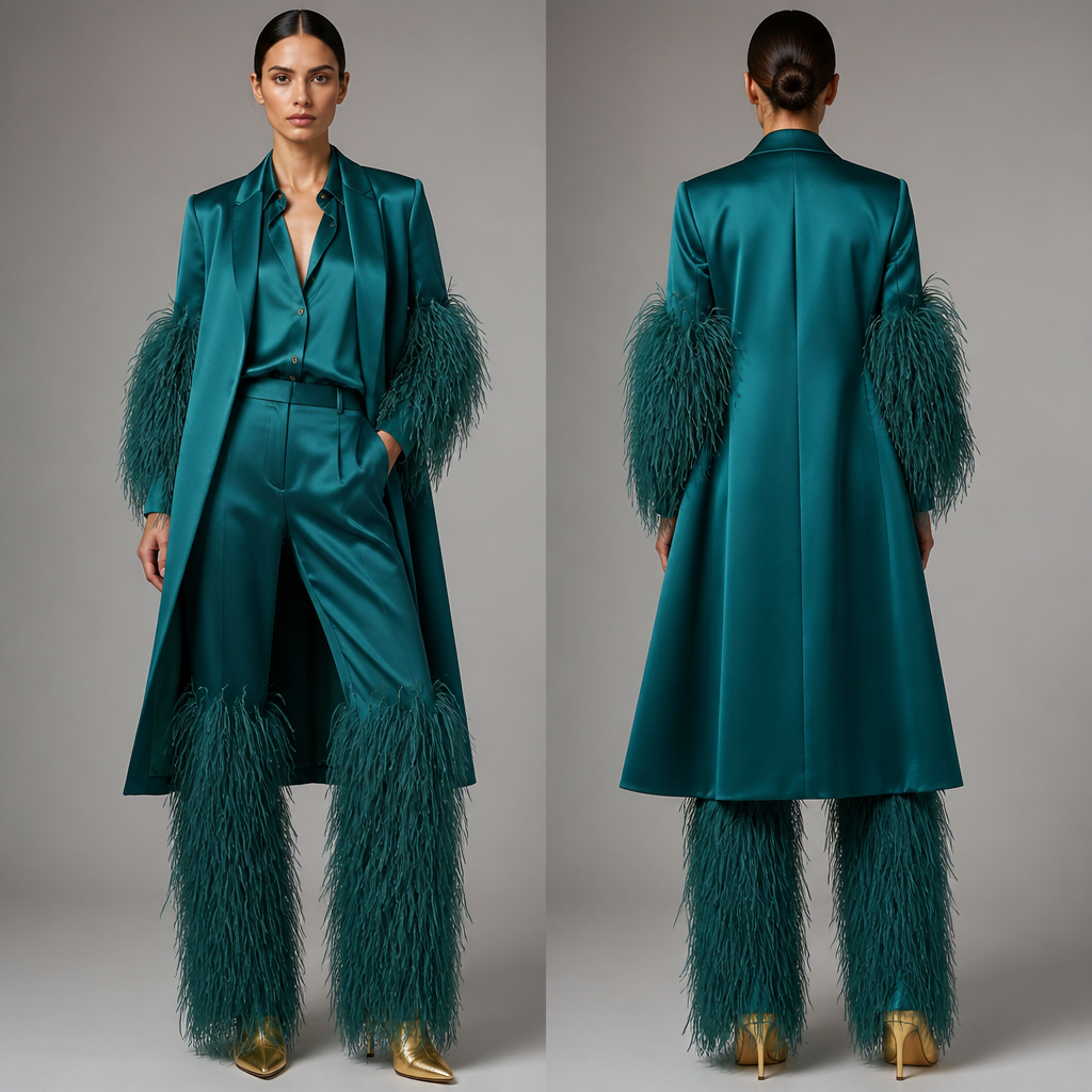 Long silk coat with no collar ostrich feather on sleeve collar shirt , long pants ostrich feathers from knees down in teal and teal silk and gold booties .
photorealistic fashion design, Long silk coat with no collar ostrich feather on sleeve collar shirt , long pants ostrich feathers from knees down in teal and teal silk and gold booties . , glamorous style, just the design no text, show front and back