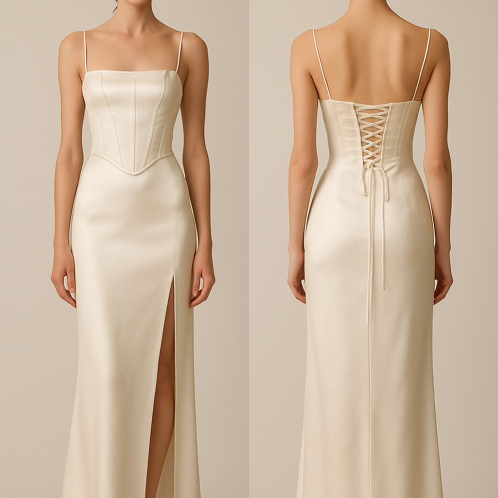 A slim, silk, off white dress with a tight fit with a fake corset vibe to the bodice with lacing at the back and a slit through the side and the skirt passes the ankles
A slim, silk, off white dress with a tight fit with a fake corset vibe to the bodice with lacing at the back and a slit through the side and the skirt passes the ankles
, elegant style, show front and back