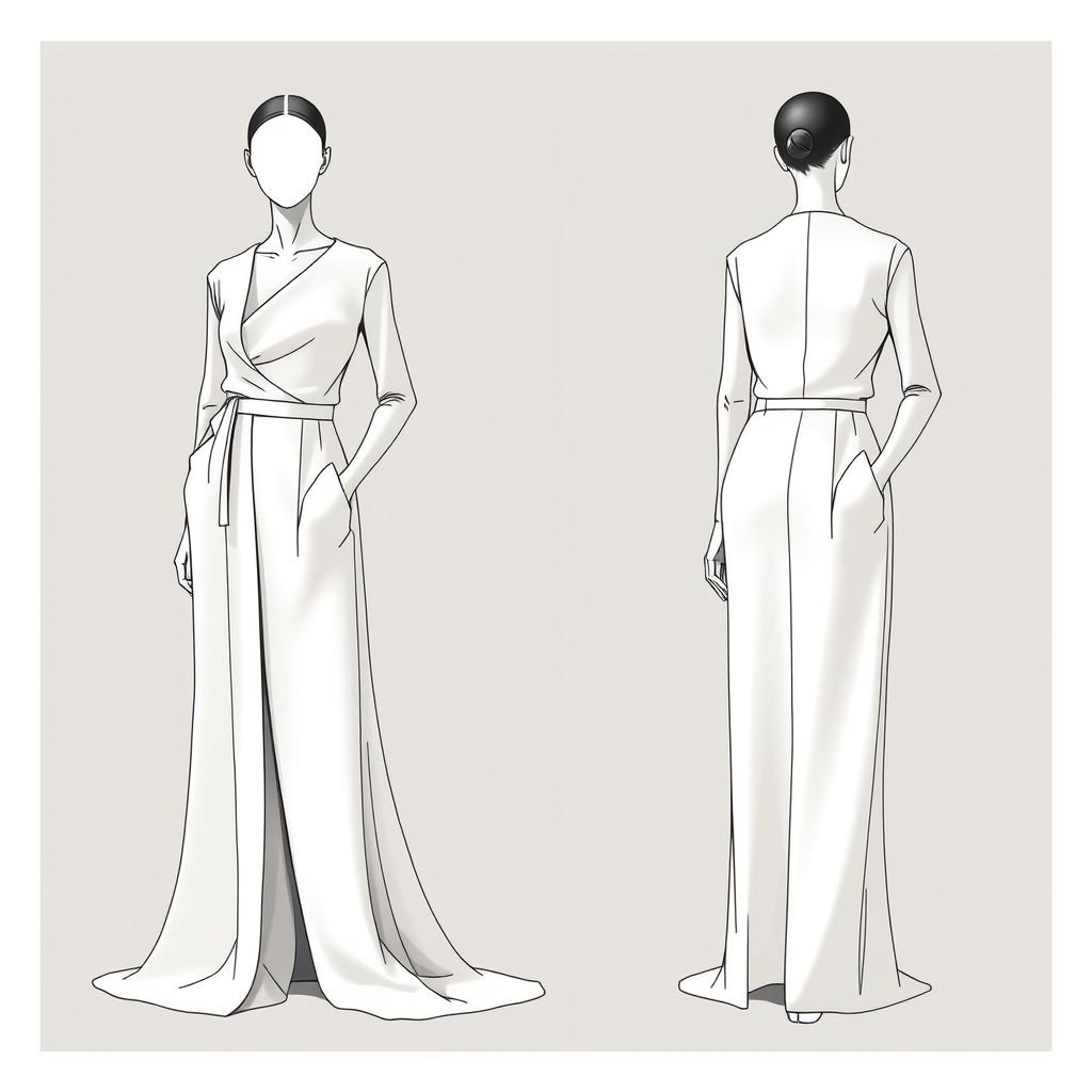 Modest yet elegant
Design a minimalist fashion ensemble that exudes modesty and elegance. Picture a sleek, floor-length gown made from soft, neutral-toned fabric with clean lines and an unobtrusive silhouette. Incorporate subtle details like an asymmetrical neckline and hidden pockets. The overall look is serene, with a focus on simplicity and refined craftsmanship.