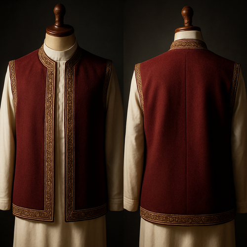 ‏2) Heritage Luxe — formal/traditional  
‏"Short sleeveless sedri (vest) ending at the hip, worn over a traditional white Saudi thawb, presented on a luxurious wooden mannequin, heavy maroon wool with gold embroidery on edges and Pakistani-style stitched collar, removable pashmina lining, dramatic side lighting, studio dark background with soft sheen, highly detailed, realistic --ar 2:3 --v 5 --stylize 800"
