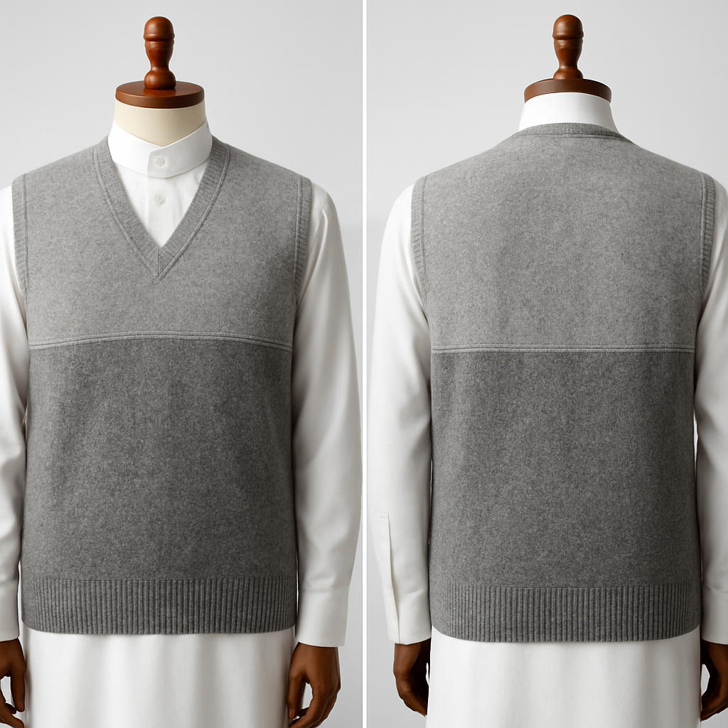 
‏Prompt 3 — Tonal Texture (Light Grey / Charcoal)
‏Photorealistic two-tone cashmere vest with tonal texture variation, slightly deeper V-neck; top Light Grey and bottom Charcoal of same hue family; fine slub contrast on lower panel, delicate chest seam; handcrafted edge stitching; layered over a pristine white Saudi thobe beneath; placed on a luxurious wooden mannequin; clean studio backdrop; crisp editorial lighting and fabric close-up


‏Prompt 3 — Tonal Texture (Light Grey / Charcoal)
‏Photorealistic two-tone cashmere vest with tonal texture variation, slightly deeper V-neck; top Light Grey and bottom Charcoal of same hue family; fine slub contrast on lower panel, delicate chest seam; handcrafted edge stitching; layered over a pristine white Saudi thobe beneath; placed on a luxurious wooden mannequin; clean studio backdrop; crisp editorial lighting and fabric close-up, show front and back
