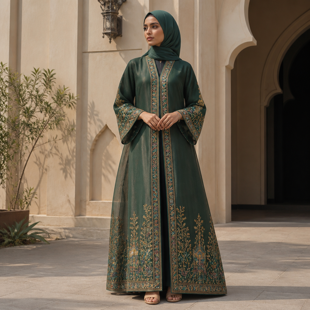 A Female Abaya design, suitable for Summer, suited to a Dry & Arid climate, shown on a model with an athletic build. Consider Indian fashion aesthetics — consider saree, lehenga, salwar kameez, kurti, anarkali; local fabrics like chanderi, banarasi, chikankari, block prints; vibrant colors and rich embroidery. Current season is Summer in India. Present it as professional fashion catalogue photography: the garment is the subject, shown full-length with editorial styling, neutral posing and tasteful, non-suggestive framing.
photorealistic fashion design, A Female Abaya design, suitable for Summer, suited to a Dry & Arid climate, shown on a model with an athletic build. Consider Indian fashion aesthetics — consider saree, lehenga, salwar kameez, kurti, anarkali; local fabrics like chanderi, banarasi, chikankari, block prints; vibrant colors and rich embroidery. Current season is Summer in India. Present it as professional fashion catalogue photography: the garment is the subject, shown full-length with editorial styling, neutral posing and tasteful, non-suggestive framing., just the design no text