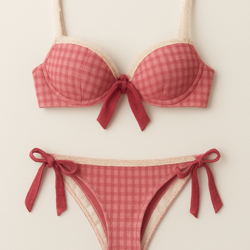 Fais moi  un croquis teck pack pour envoyer a un producteur, avec comme base : Bikini deux pièces - haut balconnet à cadriage avec un ruban pour fermer au niveau de la poitrine + bas taille basse à liens fins noeud avec un cadriage et le même ruban 
Palette choisie:
• Strawberry cocktail HEX #F6BAD6
• Fresh berry HEX #420D19
• Milky White HEX #FFF8FO
Forme : Haut balconnet cadriage, à armatures fines avec bretelles en dentelles ; Bas taille basse semi-string, rapelle ruban cadrait, fermeture cousus
im.smolinaa
• Matière conseillée : Tissu côtelé ou lycra texturé + galon festonné en coton stretch ou dentelle marine résistante à l'eau.
• Doublure : Polyamide recyclé +
Elasthanne
• Détails possibles : Effet broderie.
en dentelle et ruban 