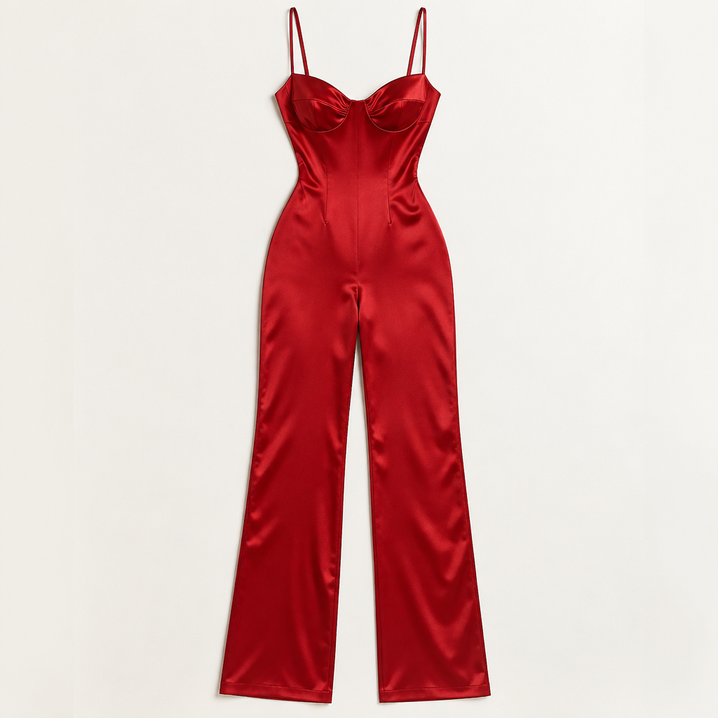 A Female Jumpsuit design, made of Silk, with a soft, cosy hand, with a Bodycon silhouette, for Date Night, in Cottagecore + Dance + Nightclub style, shown on a model with brown skin. لون احمر متل قميص نوم من فوق ديق و نن تحت كمان و لحد الفخذ يكون طول و ملزق بجسم و لمع خفيفة برق خفيف فقط و نظام الكتف عادي من فوق. Israel fashion aesthetics. Present it as professional fashion catalogue photography: the garment is the subject, shown full-length with editorial styling, neutral posing and tasteful, non-suggestive framing.
photorealistic fashion design, A Female Jumpsuit design, made of Silk, with a soft, cosy hand, with a Bodycon silhouette, for Date Night, in Cottagecore + Dance + Nightclub style, shown on a model with brown skin. لون احمر متل قميص نوم من فوق ديق و نن تحت كمان و لحد الفخذ يكون طول و ملزق بجسم و لمع خفيفة برق خفيف فقط و نظام الكتف عادي من فوق. Israel fashion aesthetics. Present it as professional fashion catalogue photography: the garment is the subject, shown full-length with editorial styling, neutral posing and tasteful, non-suggestive framing., cottagecore style, just the design no text