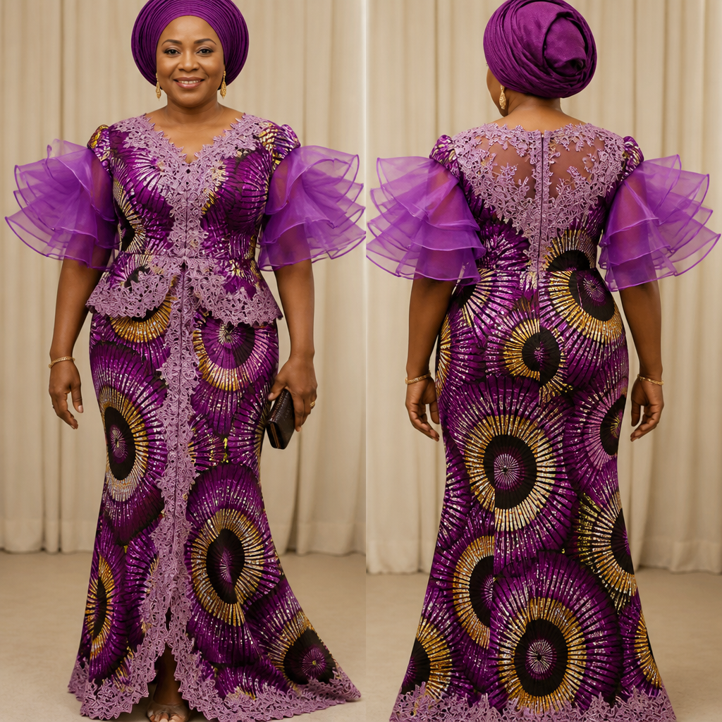 A realistic Create a gorgeous party dress using Ankara fabric with beautiful lace trims and colorful organza fabric for a 55year old woman looking fabulous and elegant.
photorealistic fashion design, A realistic Create a gorgeous party dress using Ankara fabric with beautiful lace trims and colorful organza fabric for a 55year old woman looking fabulous and elegant., just the design no text, show front and back