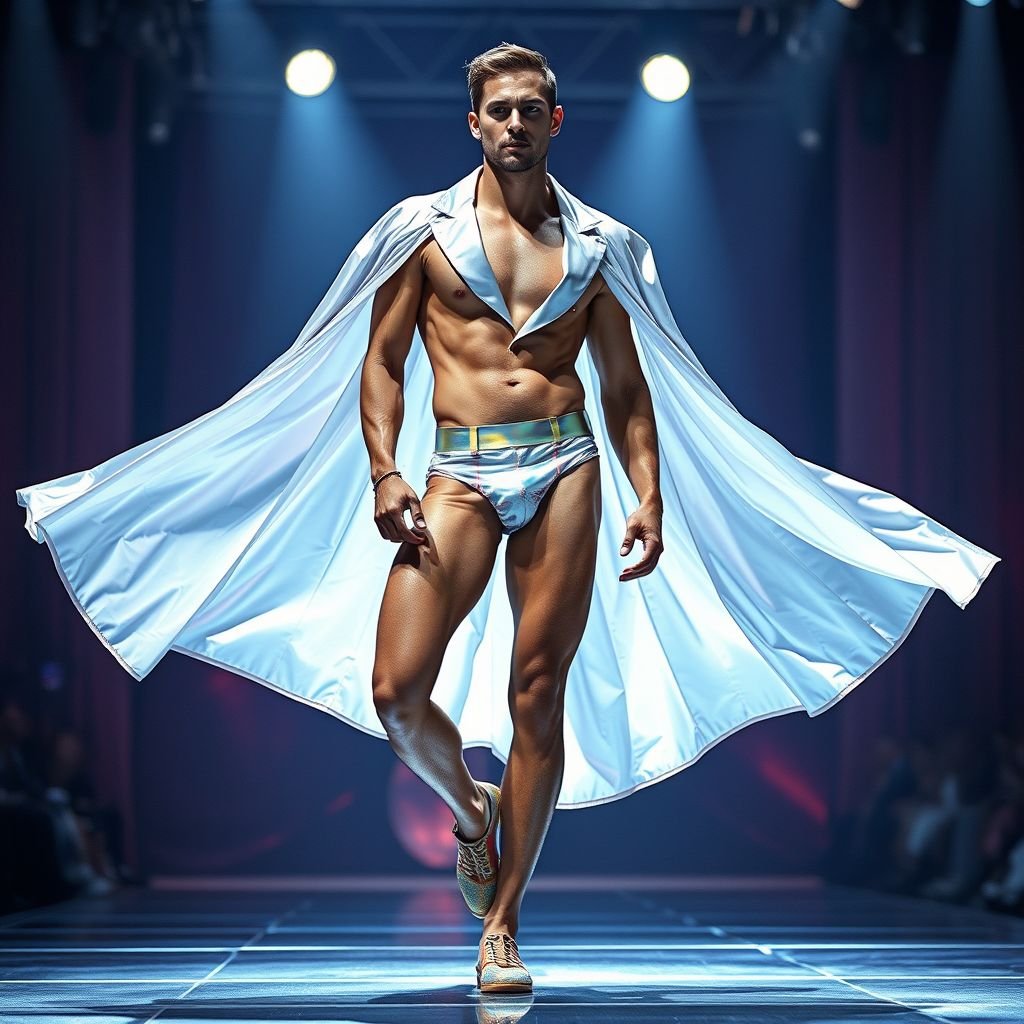 please make a human body sketch man only wearing underwear walk in gala stage and doing a best post
Imagine a striking fashion design showcasing a male figure on a gala stage, adorned solely in exquisitely tailored, avant-garde underwear. The ensemble features iridescent fabrics reflecting light with every movement. Accessories include a dramatic, flowing cape that adds fluidity. The scene captures an empowering pose that exudes confidence and modernity.