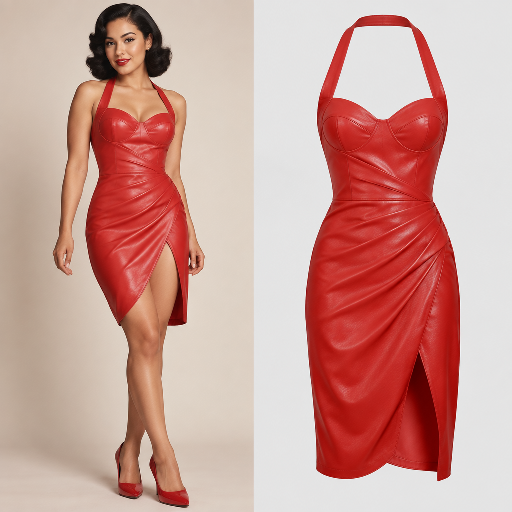 A Female Dress design, made of Leather, with a light, flowing drape, with a Fitted silhouette, in a Bold & Bright color palette, for Date Night, suitable for Spring, in Pin-Up style, shown on a model with medium skin tone and a petite figure. cómo estás. VE fashion aesthetics. Present it as professional fashion catalogue photography: the garment is the subject, shown full-length with editorial styling, neutral posing and tasteful, non-suggestive framing.
photorealistic fashion design, A Female Dress design, made of Leather, with a light, flowing drape, with a Fitted silhouette, in a Bold & Bright color palette, for Date Night, suitable for Spring, in Pin-Up style, shown on a model with medium skin tone and a petite figure. cómo estás. VE fashion aesthetics. Present it as professional fashion catalogue photography: the garment is the subject, shown full-length with editorial styling, neutral posing and tasteful, non-suggestive framing., pinup style, just the design no text