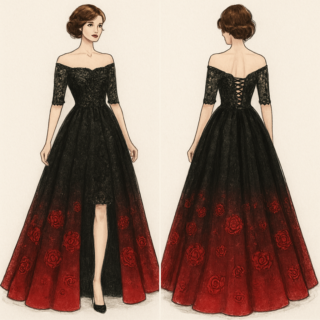 Lace Black A-line off-the-shoulder 1/3 lace sleeves wedding dress with detachable skirt revealing a shorter dress. Corset back, with embroidered sequin beading on the top. The bottom fades into red with embroidered red sequined roses.
Lace Black A-line off-the-shoulder 1/3 lace sleeves wedding dress with detachable skirt revealing a shorter dress. Corset back, with embroidered sequin beading on the top. The bottom fades into red with embroidered red sequined roses., retro style, show front and back