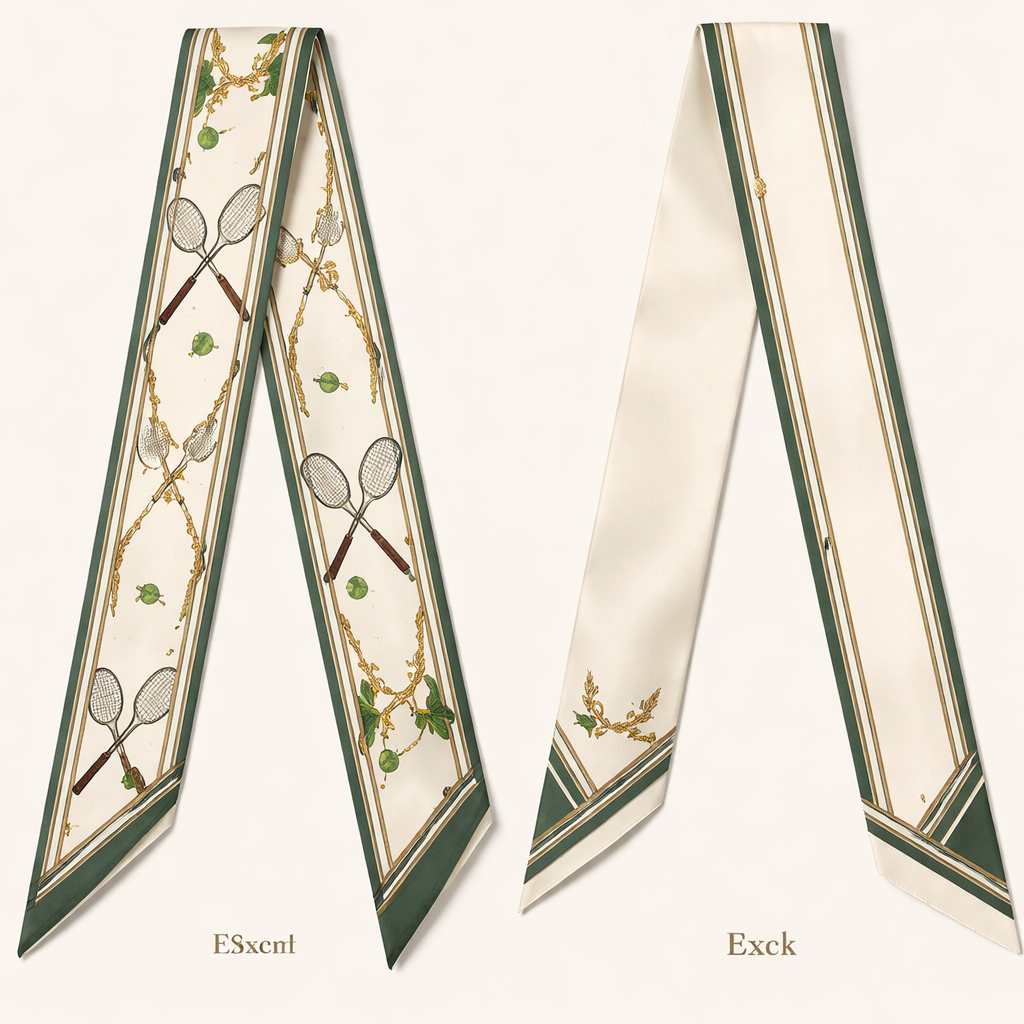 Design a silk scarf that is 5x86cm that has an old money feminine look with a tennis pattern. More simple
Design a silk scarf that is 5x86cm that has an old money feminine look with a tennis pattern. More simple, classic style, show front and back