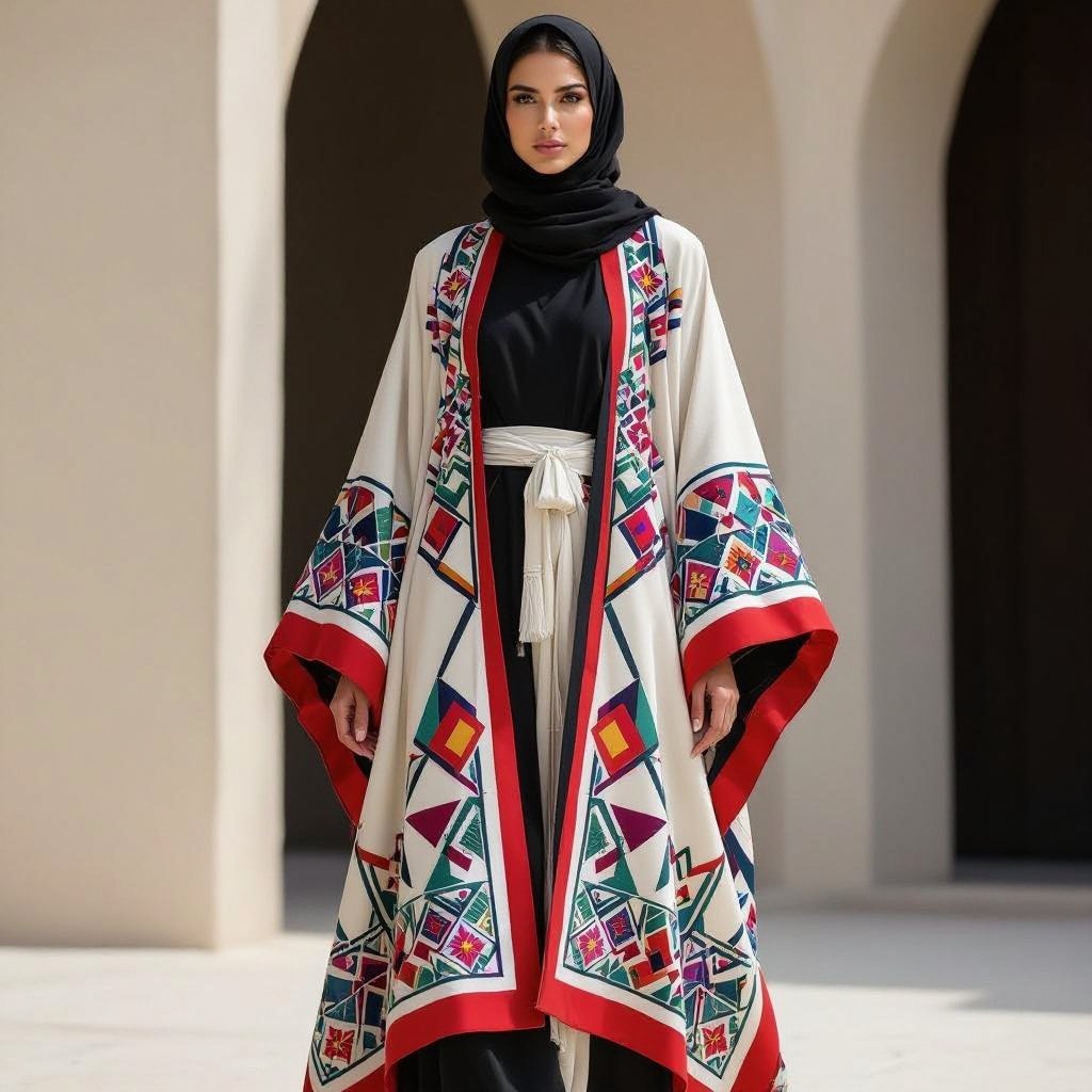 Abaya
Artsy fashion: Flowing abaya, oversized fit, natural fabric, bold geometric print, vibrant color accents, artistic embroidery.