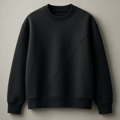 a luxury minimal oversized crewneck sweatshirt in matte charcoal black cotton, no logos, no text, clean silhouette, one subtle diagonal architectural seam from left shoulder to lower right hem, structured premium tailoring, silent luxury aesthetics, interior neck detail “Made for the aware” in micro tone-on-tone embroidery, hidden code inside hem “A–00–∅”, soft brushed inner lining texture visible, photographed on neutral background, high-end brand photography style similar to Lemaire, The Row, Jil Sander, Rick Owens minimal approach, cinematic lighting, premium editorial aesthetic, no wrinkles, balanced proportions, emotional minimalism, high resolution