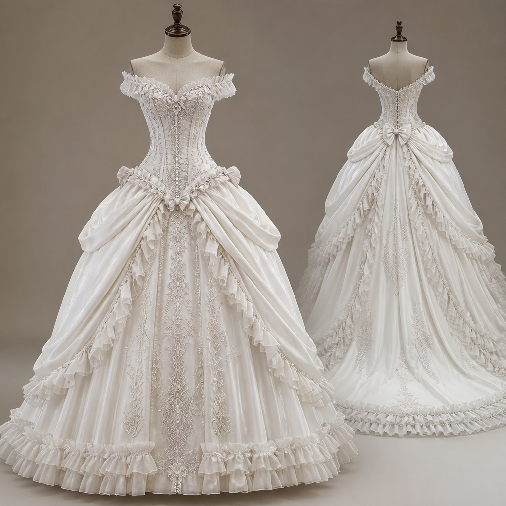 quero um vestido de noiva branco algo que no estilo dos vestidos do baile de máscara de Barbie as três mosqueteiras. Brazil fashion aesthetics.
photorealistic fashion design, quero um vestido de noiva branco algo que no estilo dos vestidos do baile de máscara de Barbie as três mosqueteiras. Brazil fashion aesthetics., just the design no text