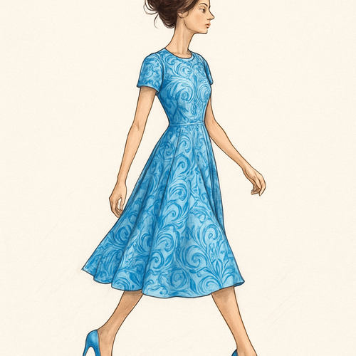 woman is walking with blue heels on with some designs her dress is sky blue too with really good designs and her hair is in messy bun