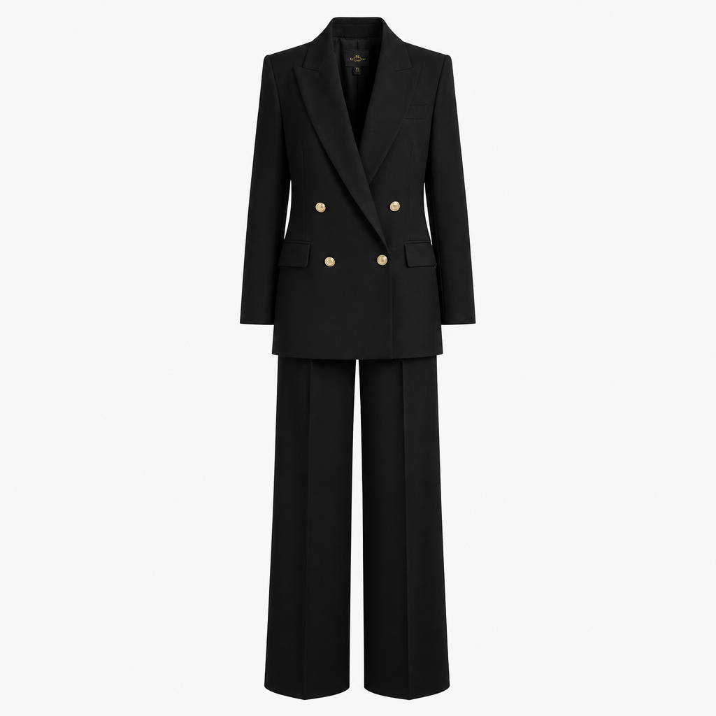 Luxury women's black formal suit design, elegant modest fashion, double breasted blazer with clean sharp lapels, slightly oversized feminine tailoring, high quality black fabric, wide leg trousers, minimal gold button details, sophisticated quiet luxury style, Korean fashion aesthetic, elegant business woman outfit, realistic clothing design, fashion catalog photography, front view, no model, isolated clothing design
Luxury fashion design: Luxurious women's black formal suit. Elegant, modest, with a double-breasted blazer, sharp lapels, and a slightly oversized cut. High-quality black fabric. Wide-leg trousers. Minimal gold buttons. Sophisticated quiet luxury. Isolated, front view.