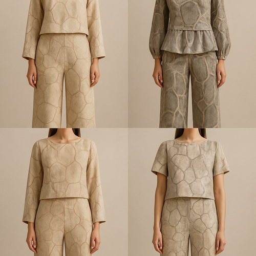 Create a modest two-piece linen set, pant and top the first of its kind, featuring a unique stone design that exudes a classy and sophisticated vibe. I’d like four designs, each showcasing different styles and fabrics. Incorporate high-end, unique chic stone designs to make them truly special. Add little sophisticated stone designs.