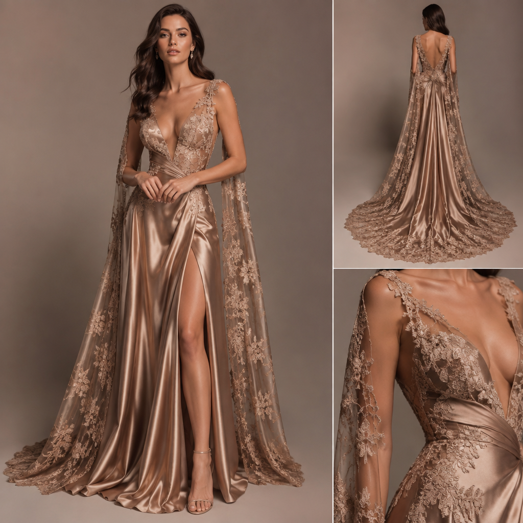 A Female Dress design, made of Satin, with a light, flowing drape, suitable for Fall, in Glamorous style. low v cut closet top over shoulder lace flows to the floor in back fit flowing at bottom with slit lace pattern Present it as professional fashion catalogue photography: the garment is the subject, shown full-length with editorial styling, neutral posing and tasteful, non-suggestive framing.
photorealistic fashion design, A Female Dress design, made of Satin, with a light, flowing drape, suitable for Fall, in Glamorous style. low v cut closet top over shoulder lace flows to the floor in back fit flowing at bottom with slit lace pattern Present it as professional fashion catalogue photography: the garment is the subject, shown full-length with editorial styling, neutral posing and tasteful, non-suggestive framing., glamorous style, just the design no text