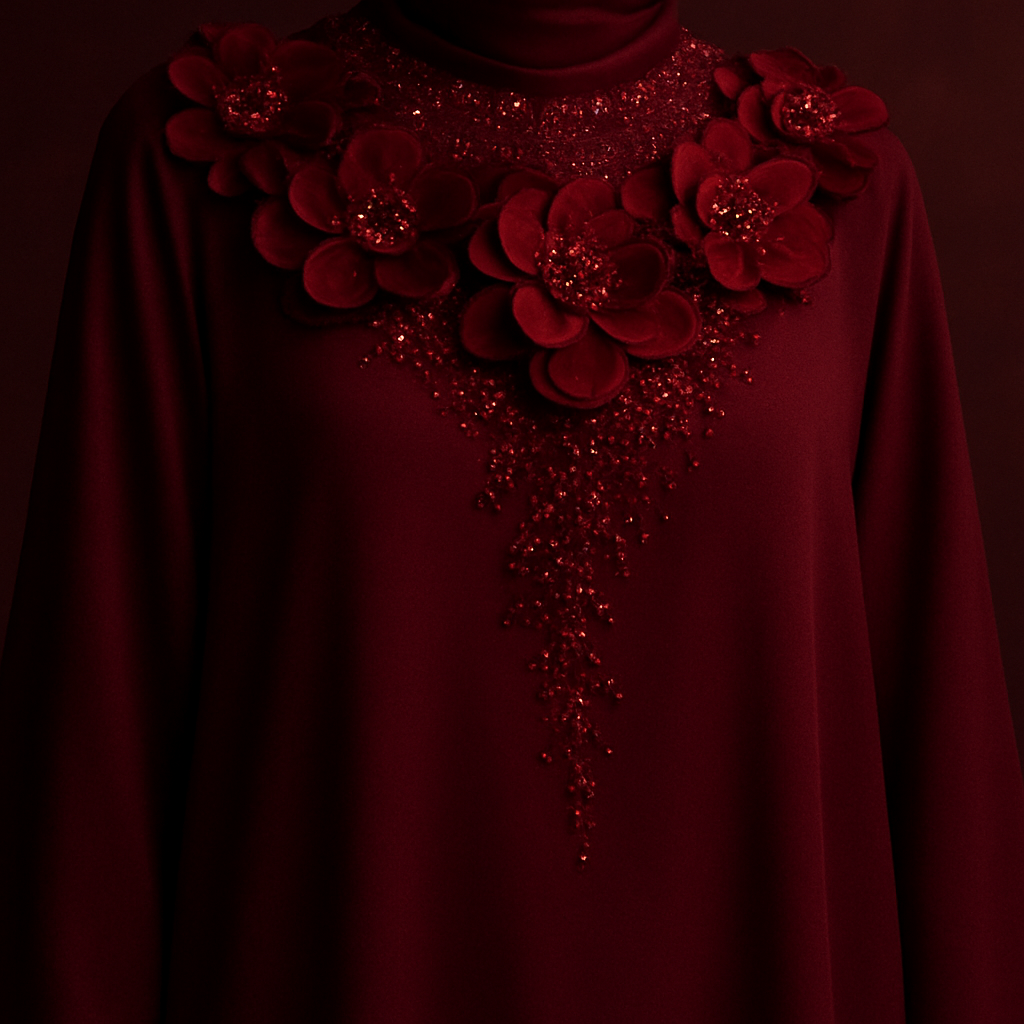 The Ruby Flora Majesty Abaya
Tone: Deep dark ruby
Design:
Large layered 3D ruby florals arranged around the neckline like a luxury necklace.
Embellishment:
Red glass stones and micro-beads giving a regal shine.
Vibe: Soft royalty + deep sensual luxury.
The Ruby Flora Majesty Abaya
Tone: Deep dark ruby
Design:
Large layered 3D ruby florals arranged around the neckline like a luxury necklace.
Embellishment:
Red glass stones and micro-beads giving a regal shine.
Vibe: Soft royalty + deep sensual luxury.