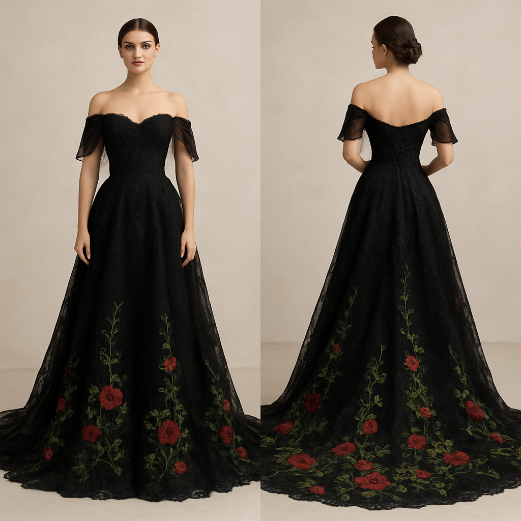 Long train lace Black wedding dress with embroidered green vines and red roses at the bottom. Corset back with off the shoulder sleeves made from chiffon.
Long train lace Black wedding dress with embroidered green vines and red roses at the bottom. Corset back with off the shoulder sleeves made from chiffon., show front and back