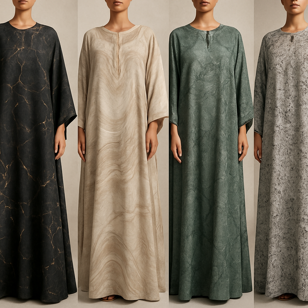 Create a modest boubou, the first of its kind, featuring a unique stone design that exudes a classy and sophisticated vibe. I'd like four designs, each showcasing different styles and fabrics. Incorporate high-end, unique chic stone designs to make them truly special. Add little sophisticated stone designs.

Create a modest boubou, the first of its kind, featuring a unique stone design that exudes a classy and sophisticated vibe. I'd like four designs, each showcasing different styles and fabrics. Incorporate high-end, unique chic stone designs to make them truly special. Add little sophisticated stone designs.