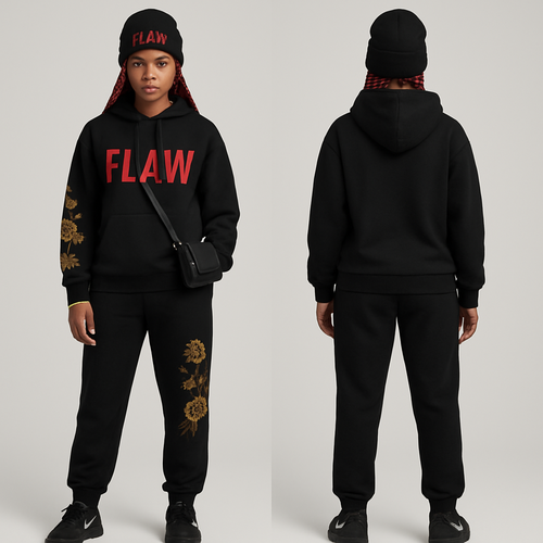 Black jogging suit hoodie with bold words Flaw in abbreviation on it in red braids gold hoop earrings and gold bracelet flowers one sleeve and pants Black cross body purse and black nike shoes a black beanie saying Flaw in red