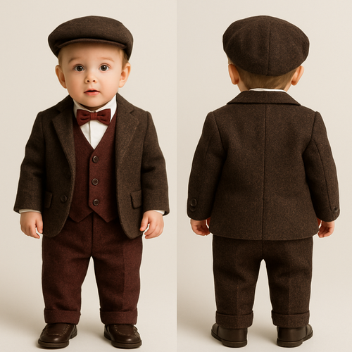 1歳の男の子着用
ベビースーツ上下
白のワイシャツ
ボルドーのツイード生地のべスト、
濃いめのブラウンのツイード生地のジャケット、ボルドーの蝶ネクタイ、
帽子はハンチング
靴はローファー