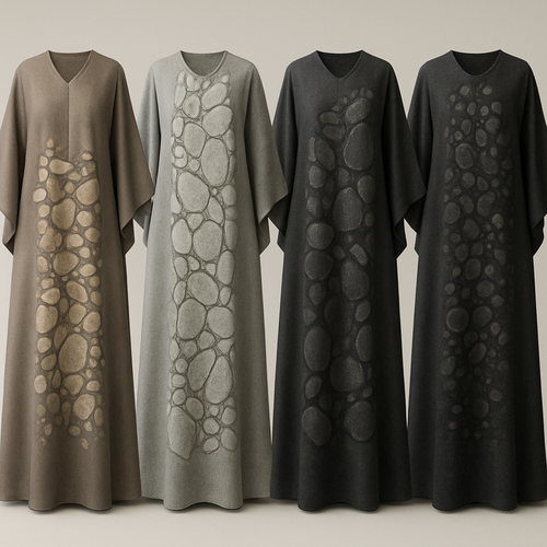 Create a modest boubou, the first of its kind, featuring a unique stone design that exudes a classy and sophisticated vibe. I'd like four designs, each showcasing different styles and fabrics. Incorporate high-end, unique chic stone designs to make them truly special. Add little sophisticated stone designs.