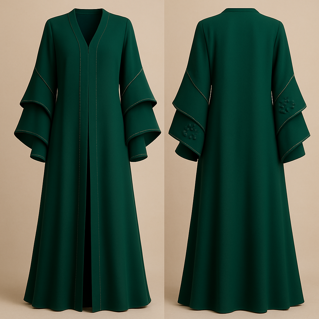 The Luxury Double-Sleeve Abaya
Tone: Deep Emerald
Design:
Layered double-sleeve with stone outlines and a few floral appliqués.
Why it will sell:
Double-sleeve designs trend every year sophisticated and instantly attractive.
The Luxury Double-Sleeve Abaya
Tone: Deep Emerald
Design:
Layered double-sleeve with stone outlines and a few floral appliqués.
Why it will sell:
Double-sleeve designs trend every year sophisticated and instantly attractive.
, show front and back