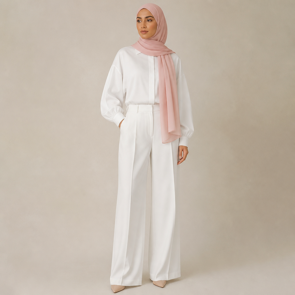 A Female fashion design. une chemise blanche et un pantalon blanc et une foulard rose bébé pour hijab. Tunisia fashion aesthetics.
photorealistic fashion design, A Female fashion design. une chemise blanche et un pantalon blanc et une foulard rose bébé pour hijab. Tunisia fashion aesthetics., just the design no text