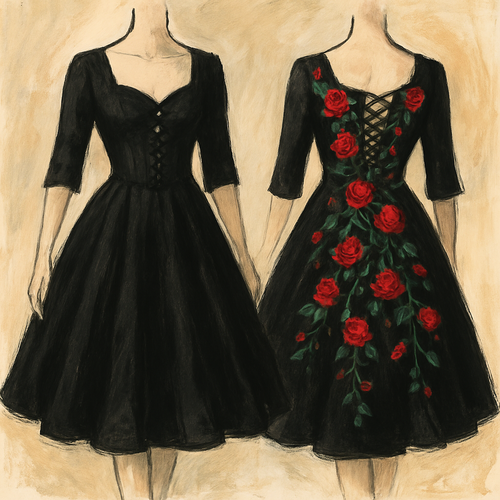 swing dress,black color, 1/3 sleeves sleeves. With red roses and green vines embroidered cascading down the back of the dress. Corset top and lace up back.