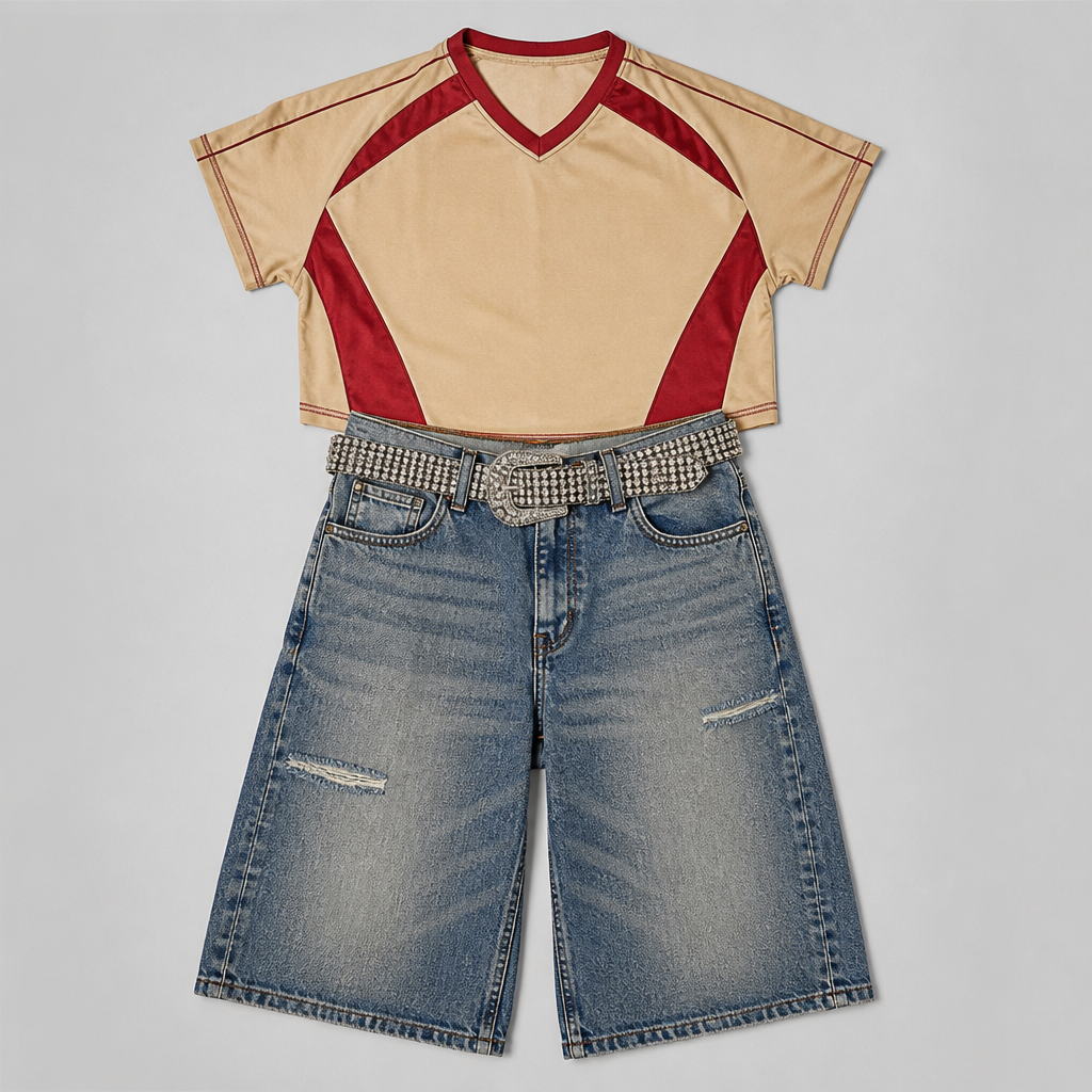 Jorts jeans
With a beige top
That says nyc
And a belt
The shirt is
Beige and red
The belt is thick
Diamond shimmers
photorealistic fashion design, Jorts jeans
With a beige top
That says nyc
And a belt
The shirt is
Beige and red
The belt is thick
Diamond shimmers
, just the design no text