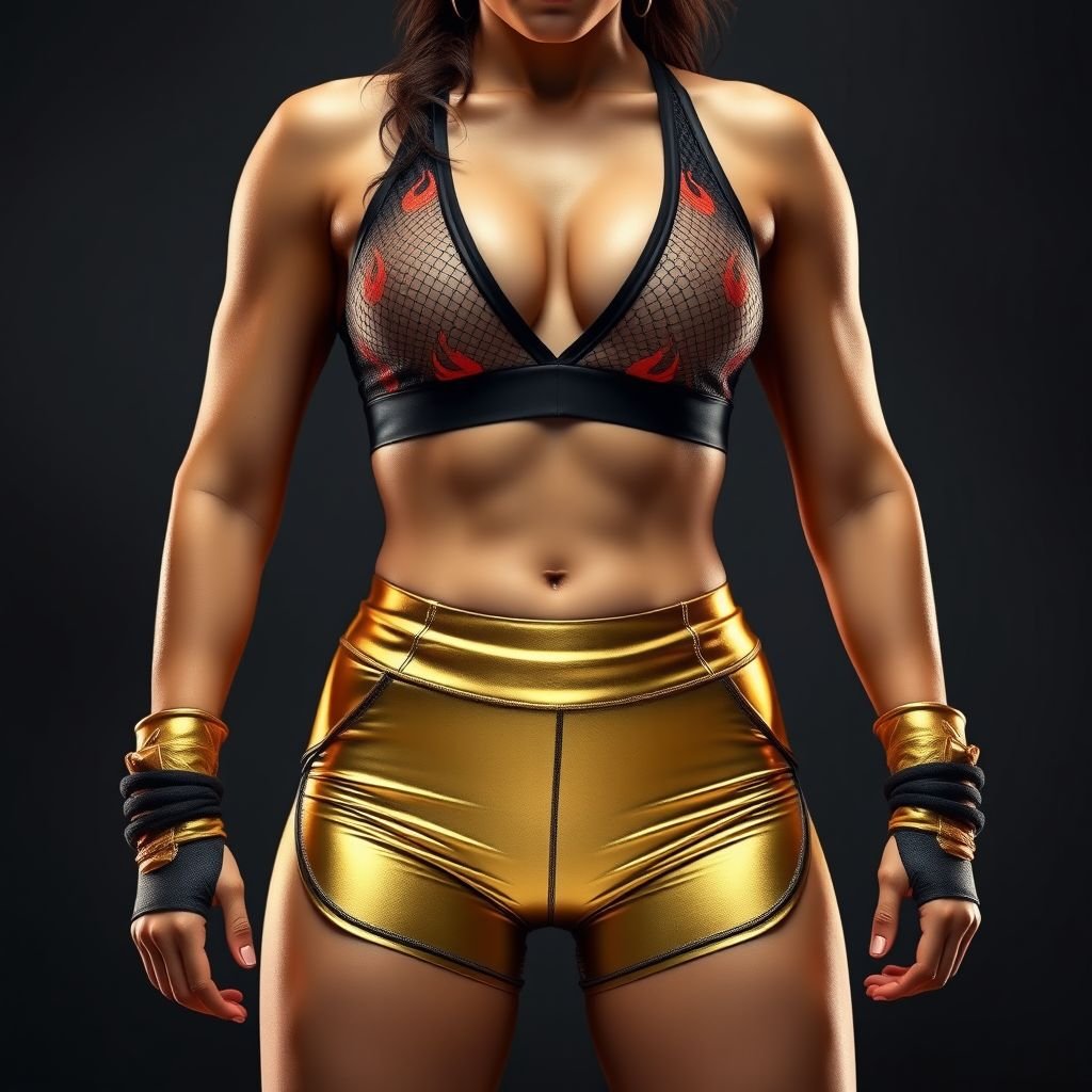• Bottom: Ultra-low-rise metallic gold compression shorts, hip-cut so low the V-line is fully exposed, tiny side slits for max mobility. • Top: Mesh crop tank with flame patterns, chest fully visible through sheer panels. • Extras: Gold wrist wraps, high-top training shoes with flame sole detail, chest oiled, sweat gleaming for maximum shine.
Design an edgy workout ensemble featuring ultra-low-rise metallic gold compression shorts that showcase a daring V-line and tiny side slits for dynamic movement. Pair with a flame-patterned mesh crop tank that highlights the chest's allure through sheer panels. Finish with reflective gold wrist wraps, high-top training shoes with fiery sole details, and a glistening oiled chest for an immersive, bold fitness statement.