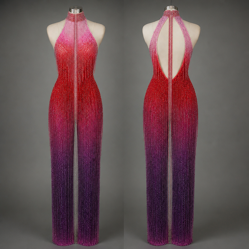 Make ombré pink and purple beaded choker extend to the bottom of pants with width of the neck.
edit the attached fashion design with these instructions: Make ombré pink and purple beaded choker extend to the bottom of pants with width of the neck.. keep it photorealistic, just the design no text