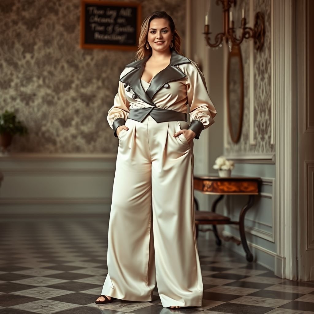 Das Bild zeigt ein Plus-Size-Modell in einem eleganten, satinierten Outfit mit weiten Hosen und einem stilvollen Oberteil. Das Modell präsentiert sich in einer ansprechenden Pose und ist in einer schicken Umgebung platziert, die perfekt für ein Sommer-Event geeignet ist. Die gesamte Ausstrahlung des Looks ist modisch und zurückhaltend, wobei Qualität und Stil im Vordergrund stehen.
Das Bild zeigt ein Plus-Size-Modell in einem klassischen, satinierten Outfit, bestehend aus weiten, hoch taillierten Palazzo-Hosen und einem filigran gestalteten, taillierten Oberteil mit eleganten Volants. Das Modell posiert selbstbewusst in einer geschmackvollen, vintage-inspirierten Umgebung, die den zeitlosen Charme dieser Saison widerspiegelt. Stil und Raffinesse stehen hier im Mittelpunkt.