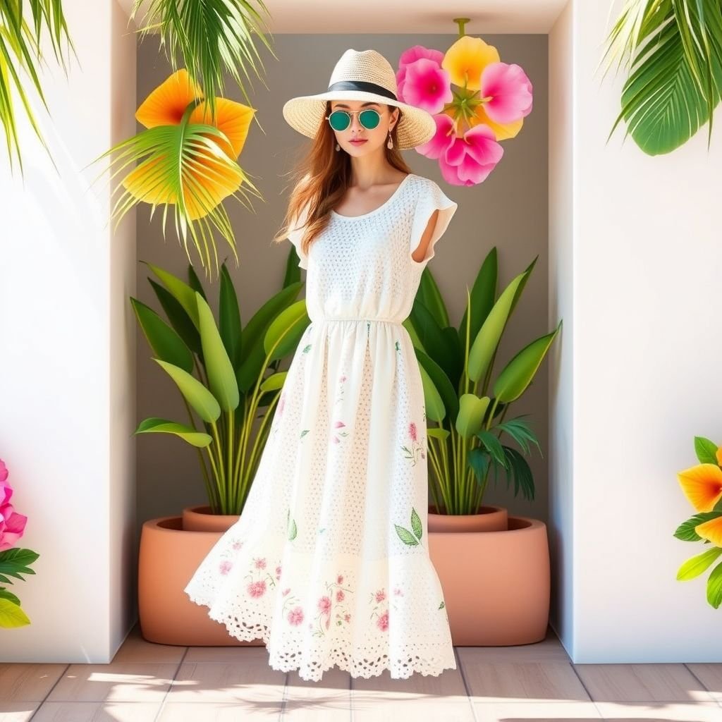 שמלת קיץ בהשראת פשוטה קלילה מאוד מבד מחורר
Design a breezy summer dress inspired by simplicity, featuring lightweight, airy perforated fabric. The dress should have a flattering loose silhouette, delicate ruffle accents along the hem, and playful cap sleeves. Incorporate vibrant pastel colors, perfect for sunny days, and add subtle tropical prints to evoke a delightful vacation vibe.