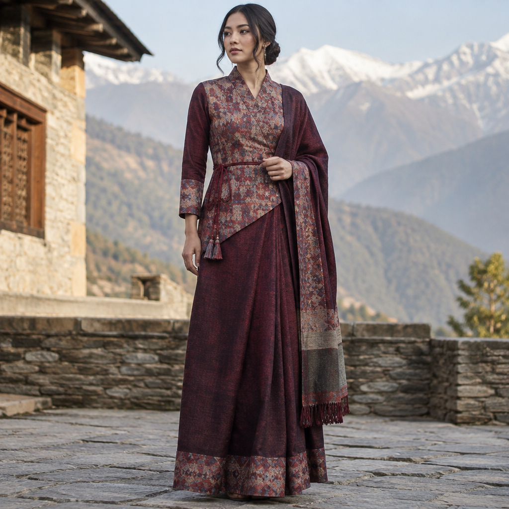 A Female Dress design, suitable for Fall. Consider Nepali fashion — daura suruwal, gunyo cholo; Dhaka topi influence; mountain-climate appropriate. Current season is Autumn in Nepal. Present it as professional fashion catalogue photography: the garment is the subject, shown full-length with editorial styling, neutral posing and tasteful, non-suggestive framing.
photorealistic fashion design, A Female Dress design, suitable for Fall. Consider Nepali fashion — daura suruwal, gunyo cholo; Dhaka topi influence; mountain-climate appropriate. Current season is Autumn in Nepal. Present it as professional fashion catalogue photography: the garment is the subject, shown full-length with editorial styling, neutral posing and tasteful, non-suggestive framing., just the design no text